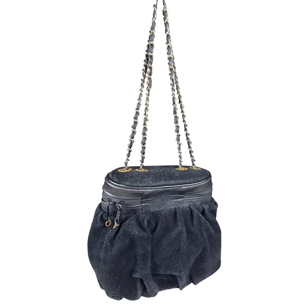 Vintage 90s Black Suede Pleated Bucket Gold Chain Strap Lizard Emboss 2 way bag